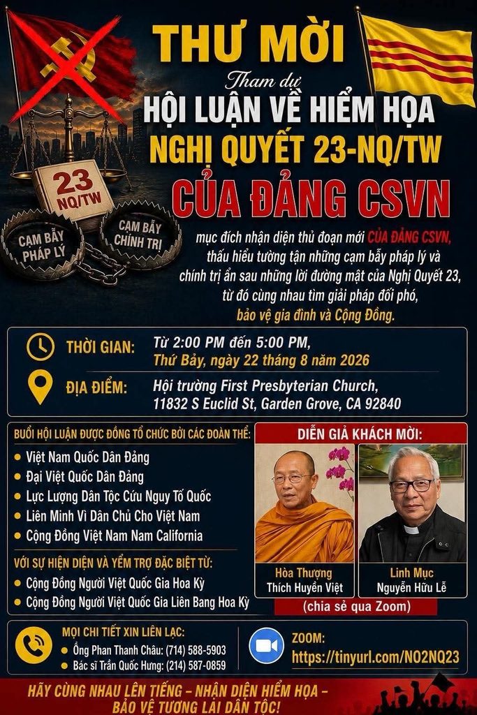 Thư mời tham dự Hội Luận về Hiểm Họa Nghị Quyết 23-NQ/TW của đảng CSVN